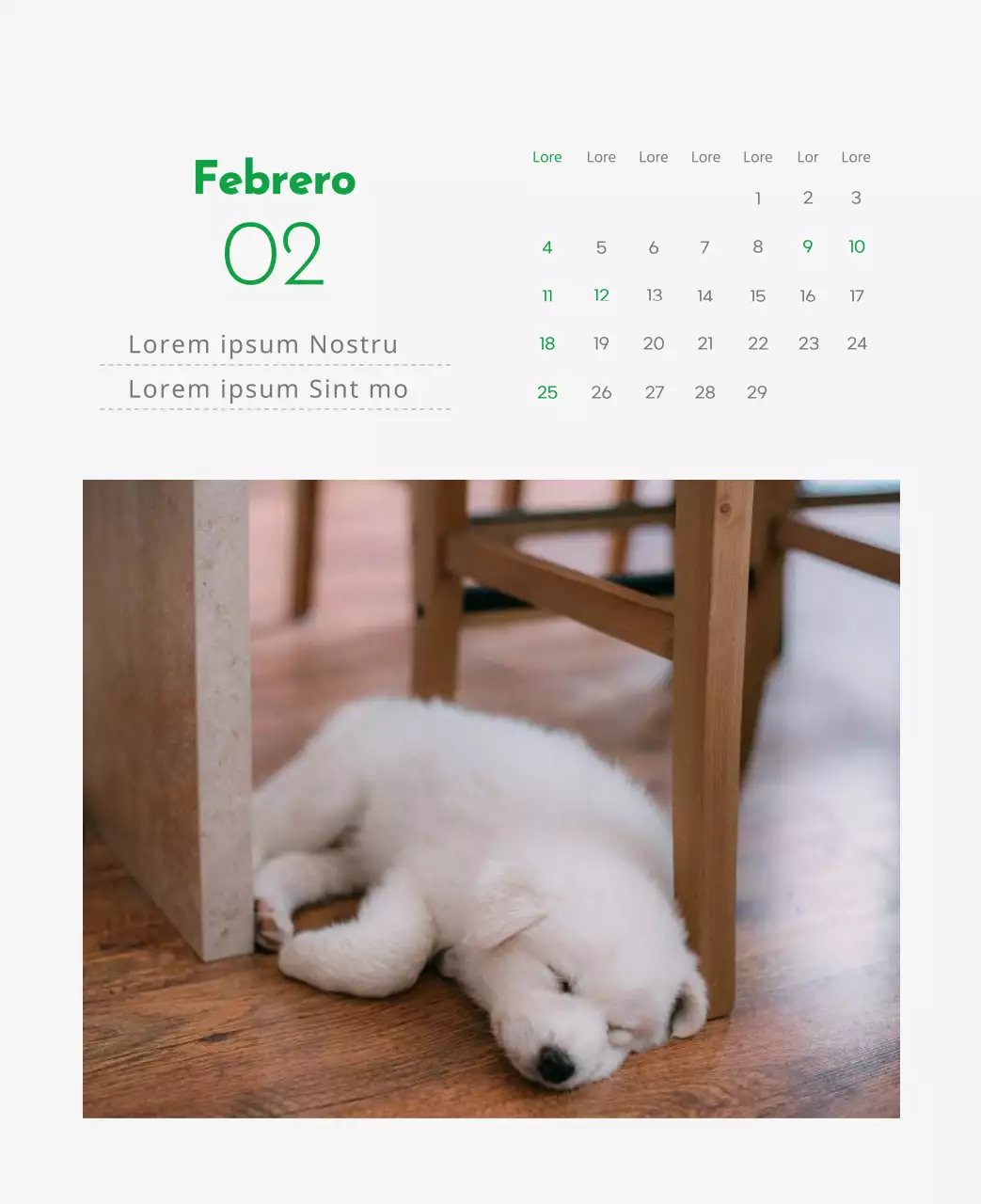 Un calendario con la imagen de un cachorro y un bonito mensaje en tonos verdes.