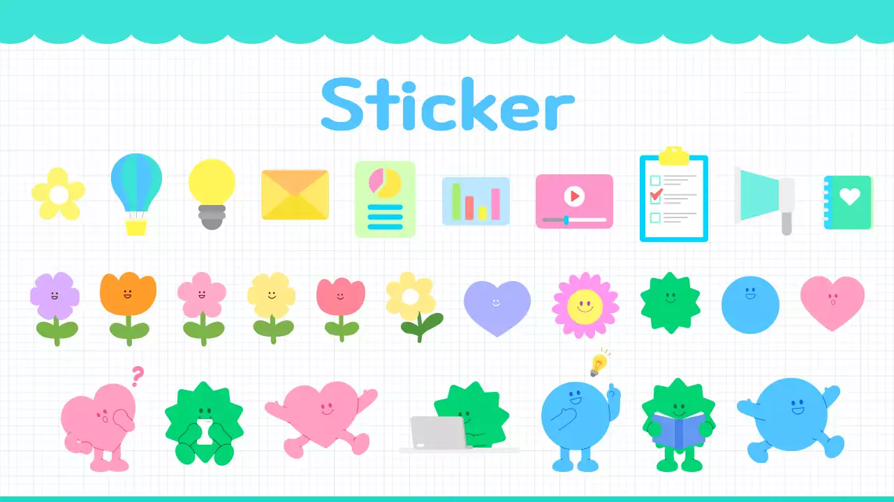 캐릭터가 있는 민트색의 상큼한 발표용 프리젠테이션