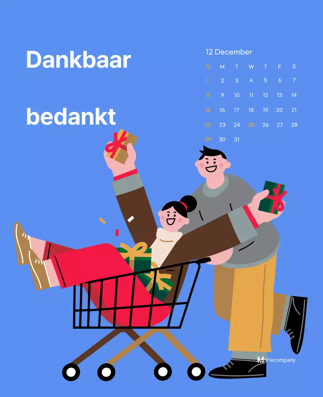 Motiverende kalender met energieke illustraties en positieve citaten op een lichtblauwe achtergrond