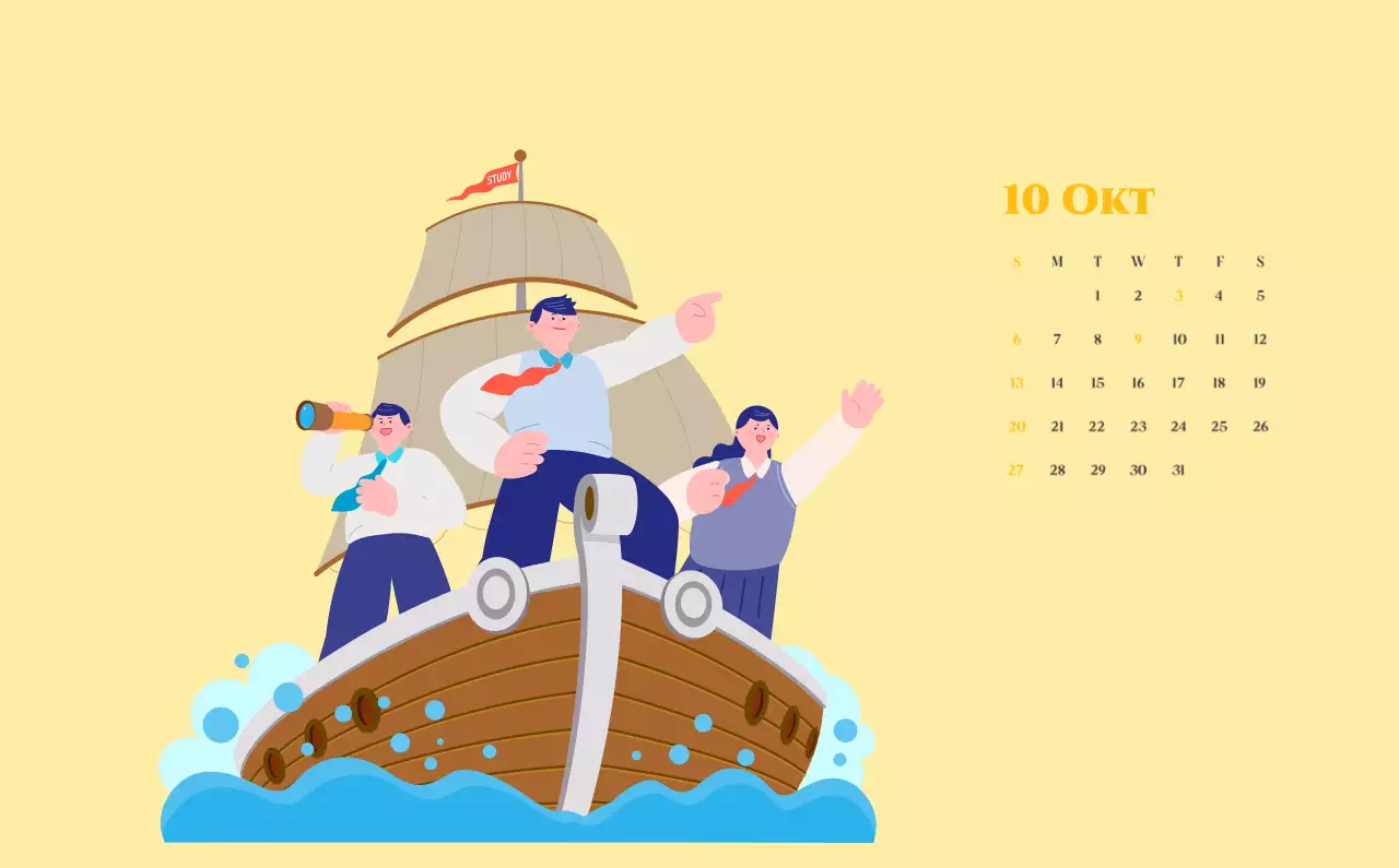 Kalender mit Jugendillustrationen auf gelbem und grünem Hintergrund