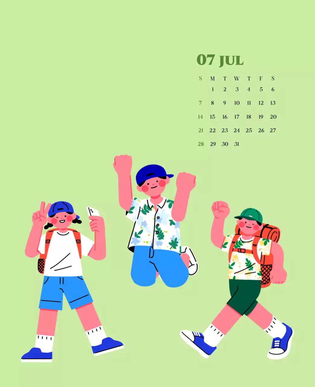 Kalender mit Jugendillustrationen auf gelbem und grünem Hintergrund