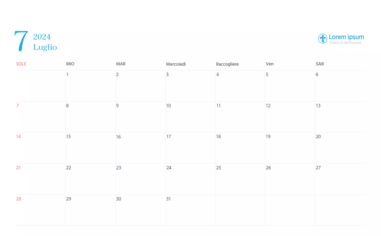 Calendario ecclesiastico blu di concezione moderna