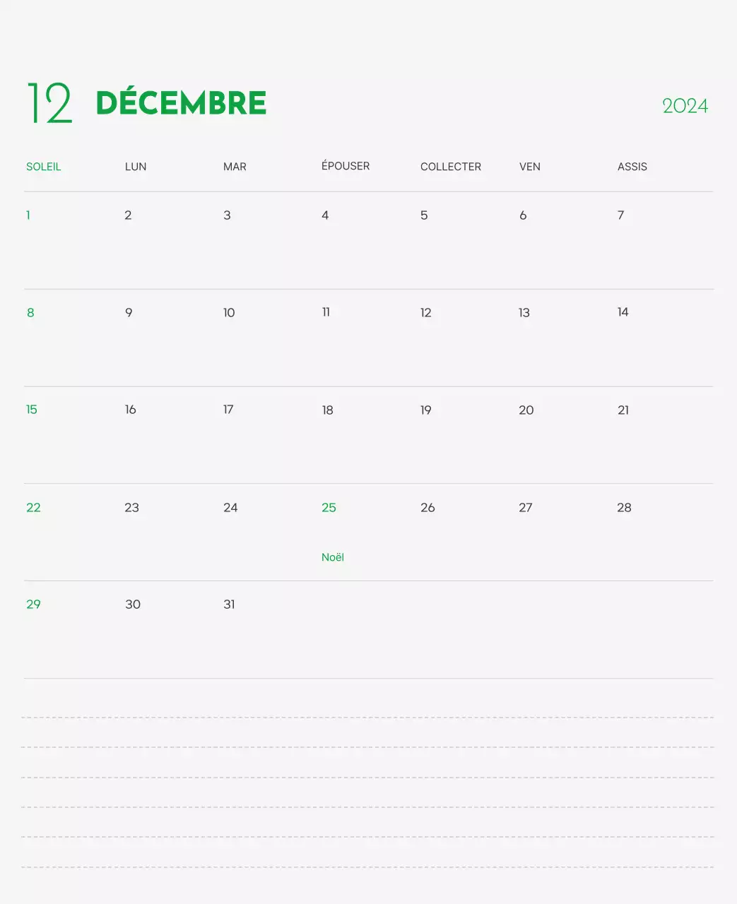 Un calendrier avec la photo d'un chiot et un message mignon aux accents verts.
