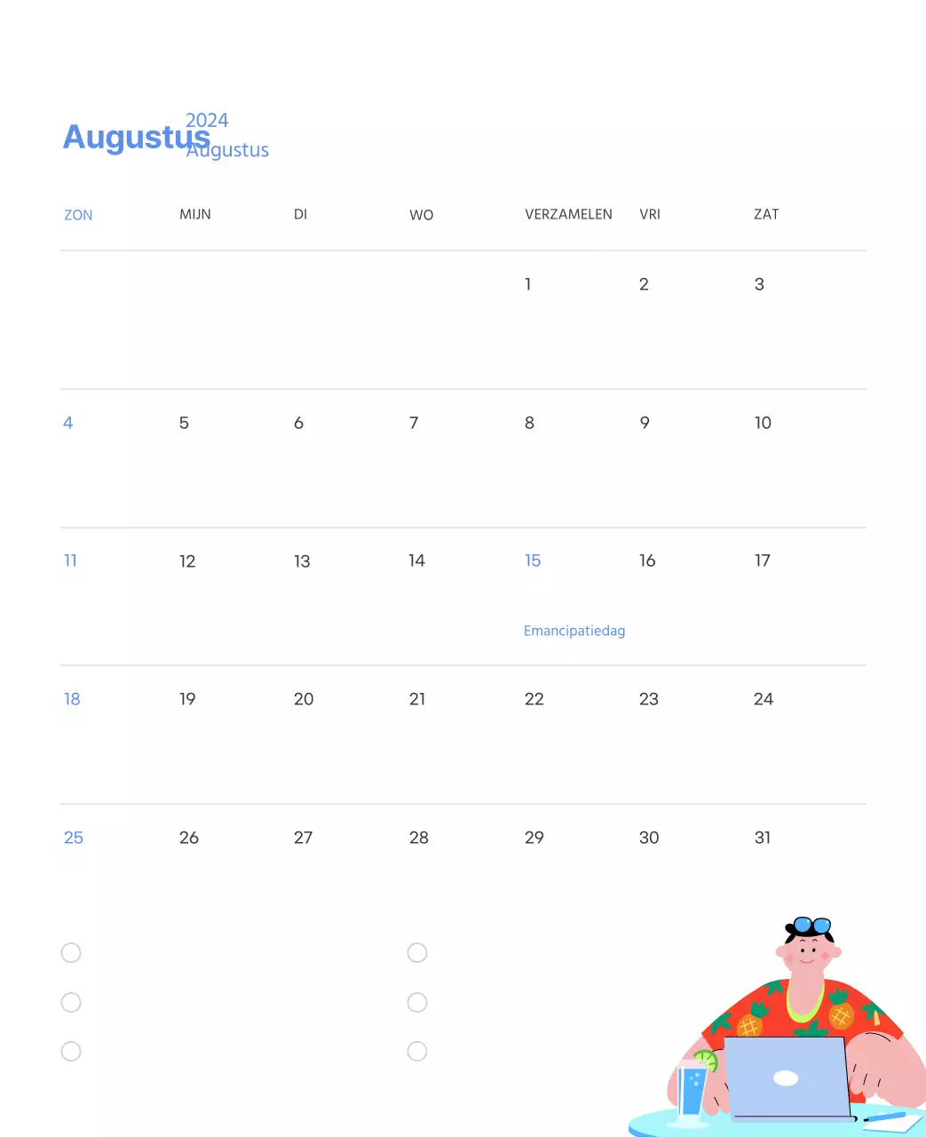 Motiverende kalender met energieke illustraties en positieve citaten op een lichtblauwe achtergrond