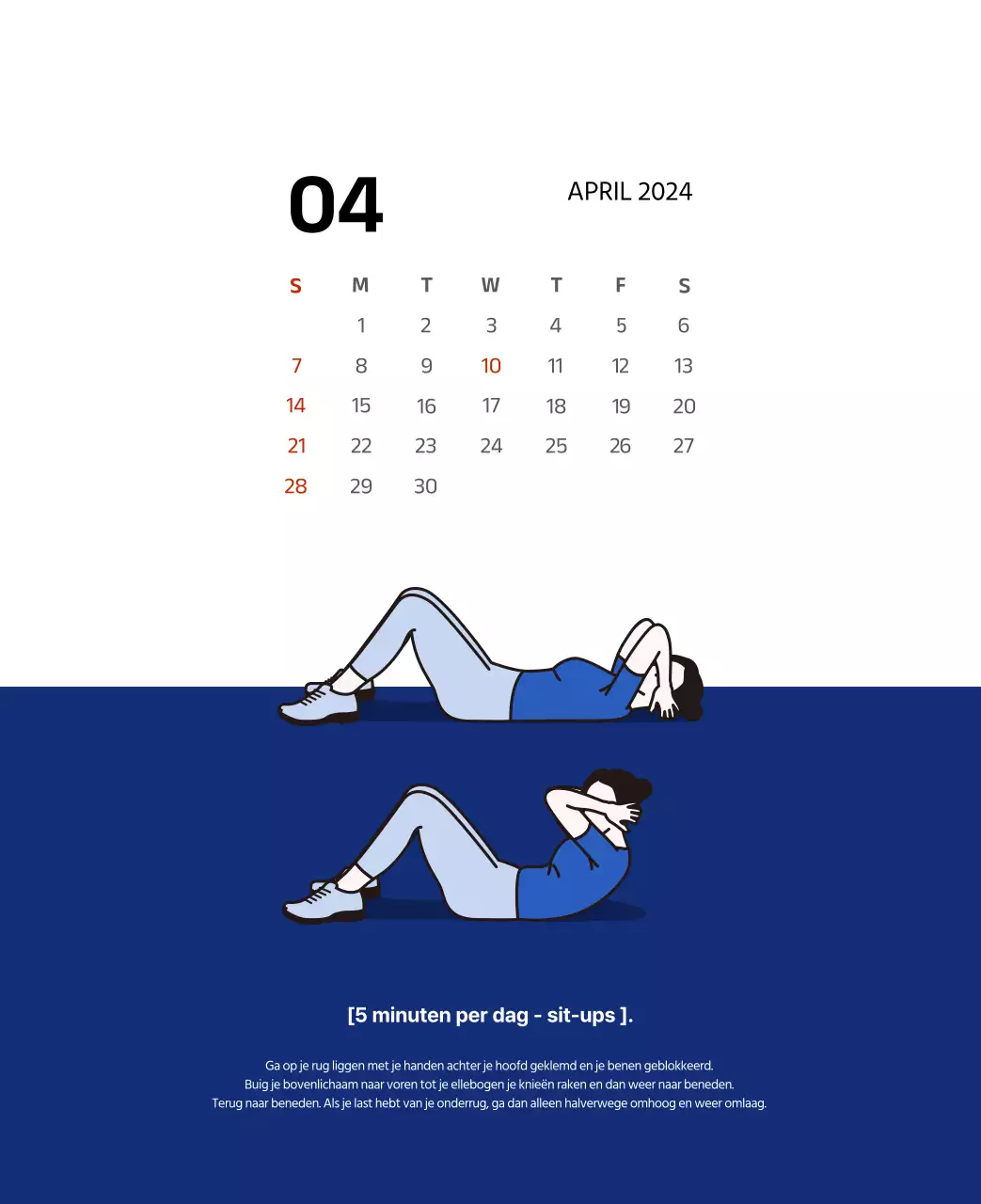 Eenvoudige kalender met strakke illustraties in blauw
