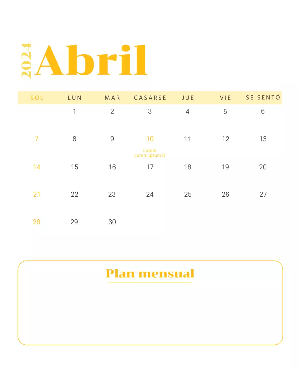Calendario con ilustraciones juveniles sobre fondo amarillo y verde