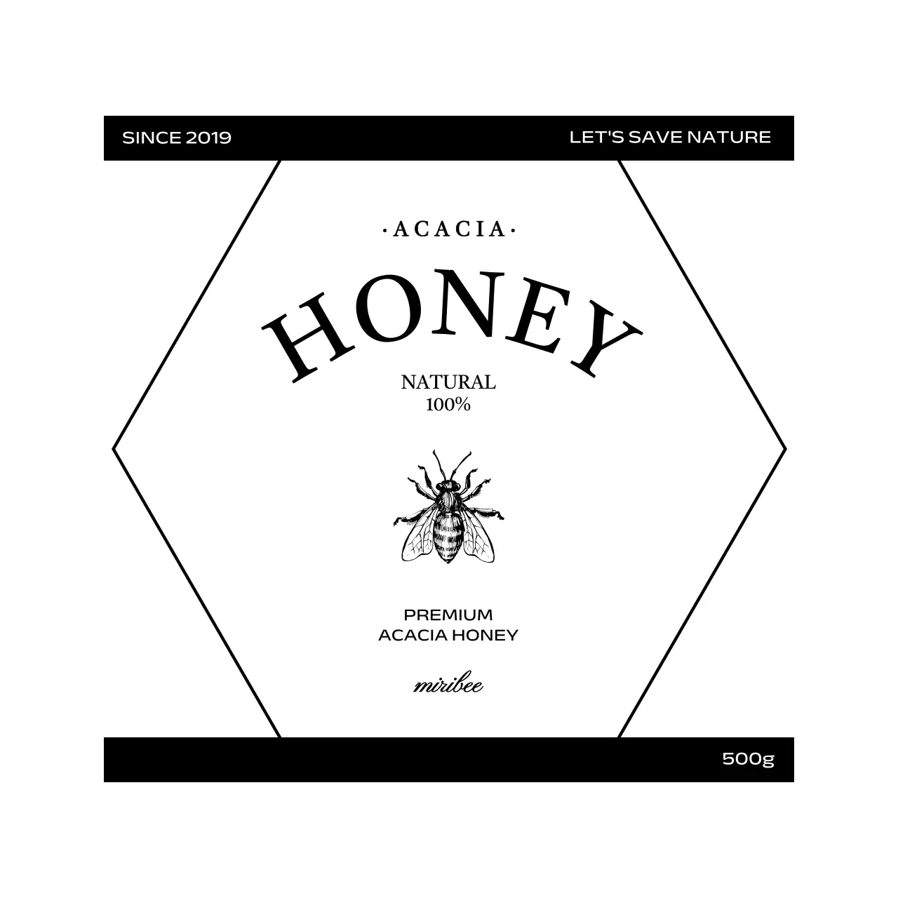 黒と白の蜂のイラストが描かれたシンプルでヴィンテージ感のあるハチミツラベル。