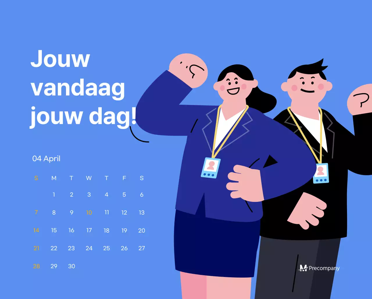 Motiverende kalender met energieke illustraties en positieve citaten op een lichtblauwe achtergrond