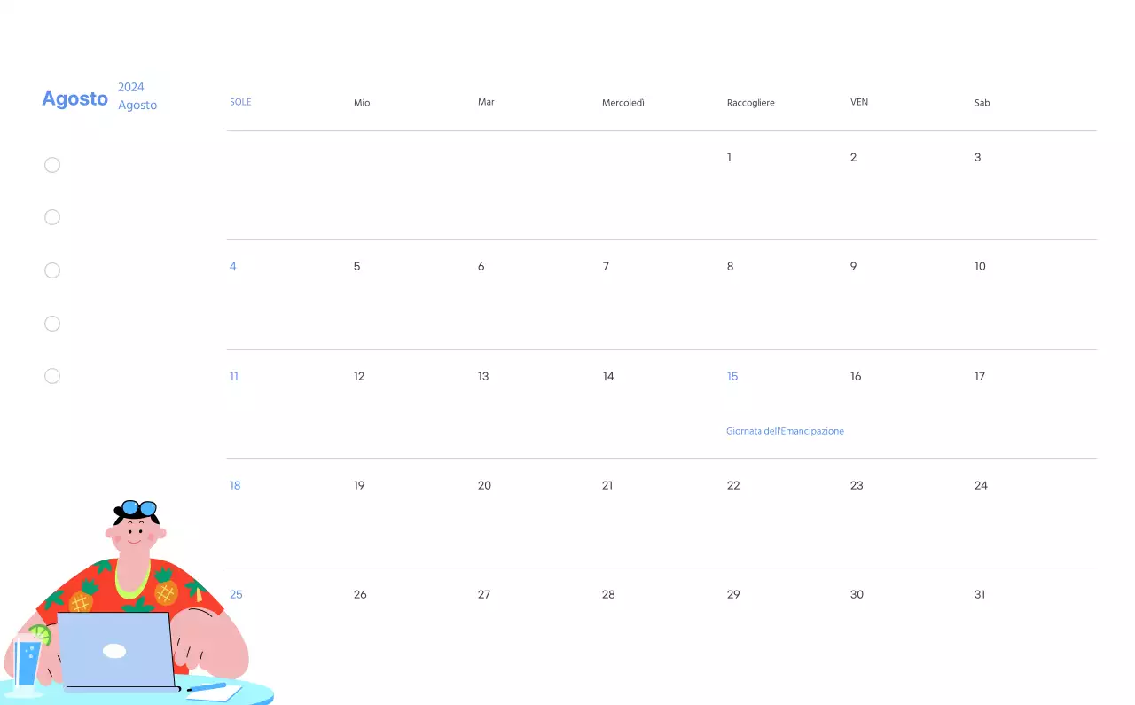 Calendario motivazionale con illustrazioni energetiche e citazioni positive su sfondo azzurro