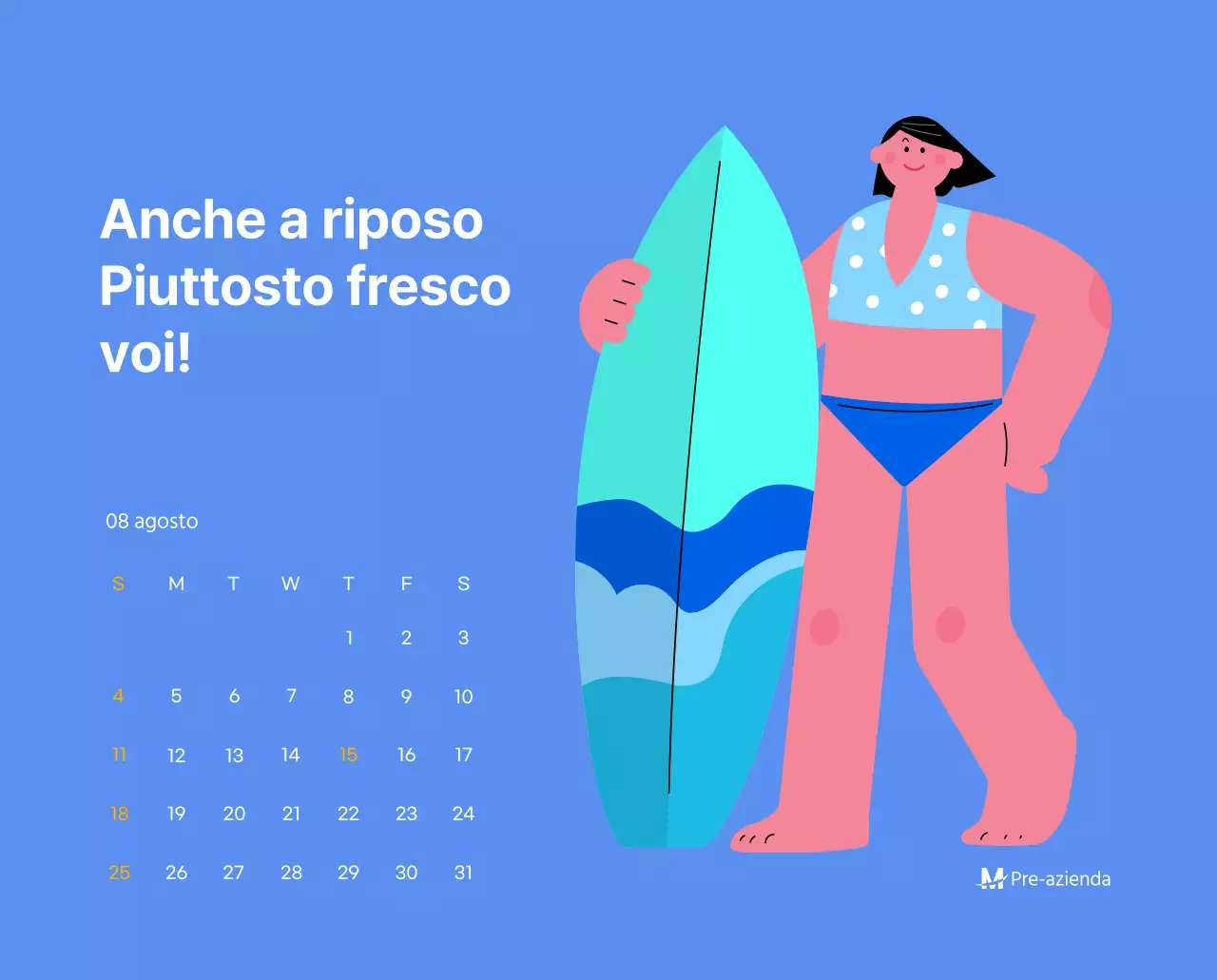 Calendario motivazionale con illustrazioni energetiche e citazioni positive su sfondo azzurro