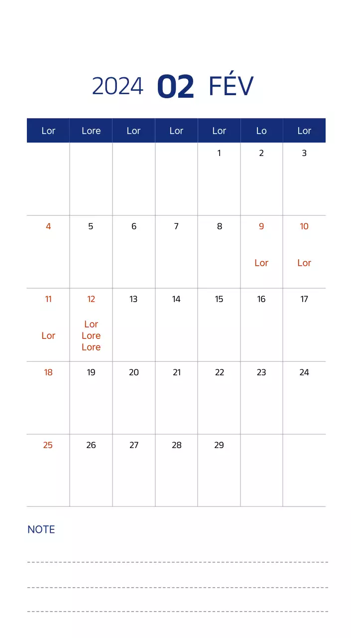 Calendrier simple avec des illustrations épurées en bleu