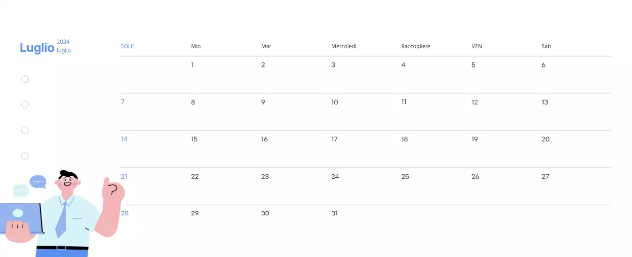 Calendario motivazionale con illustrazioni energetiche e citazioni positive su sfondo azzurro