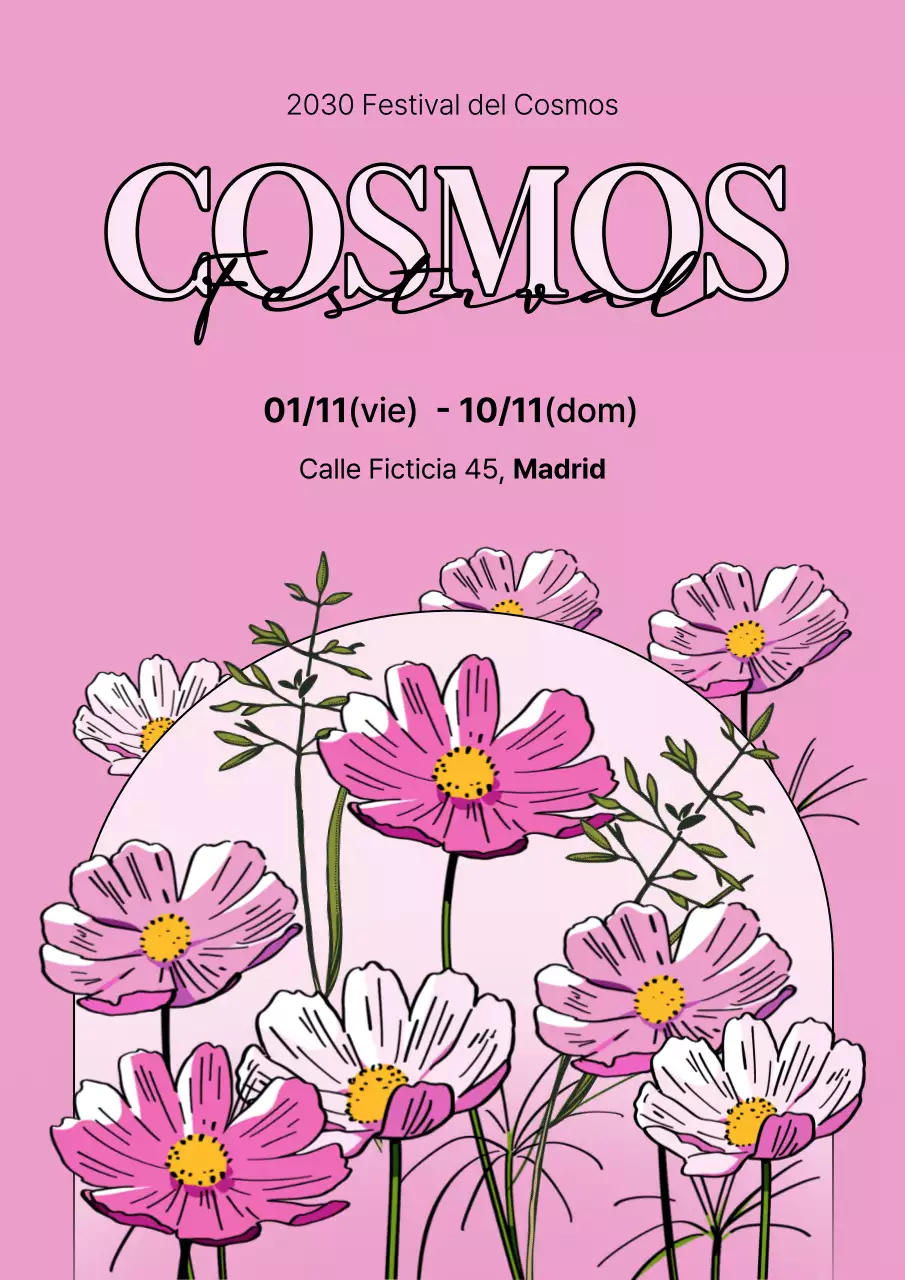 Promoción del Festival Cosmos con una combinación de colores pop-art rosa y amarillo