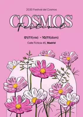 Promoción del Festival Cosmos con una combinación de colores pop-art rosa y amarillo