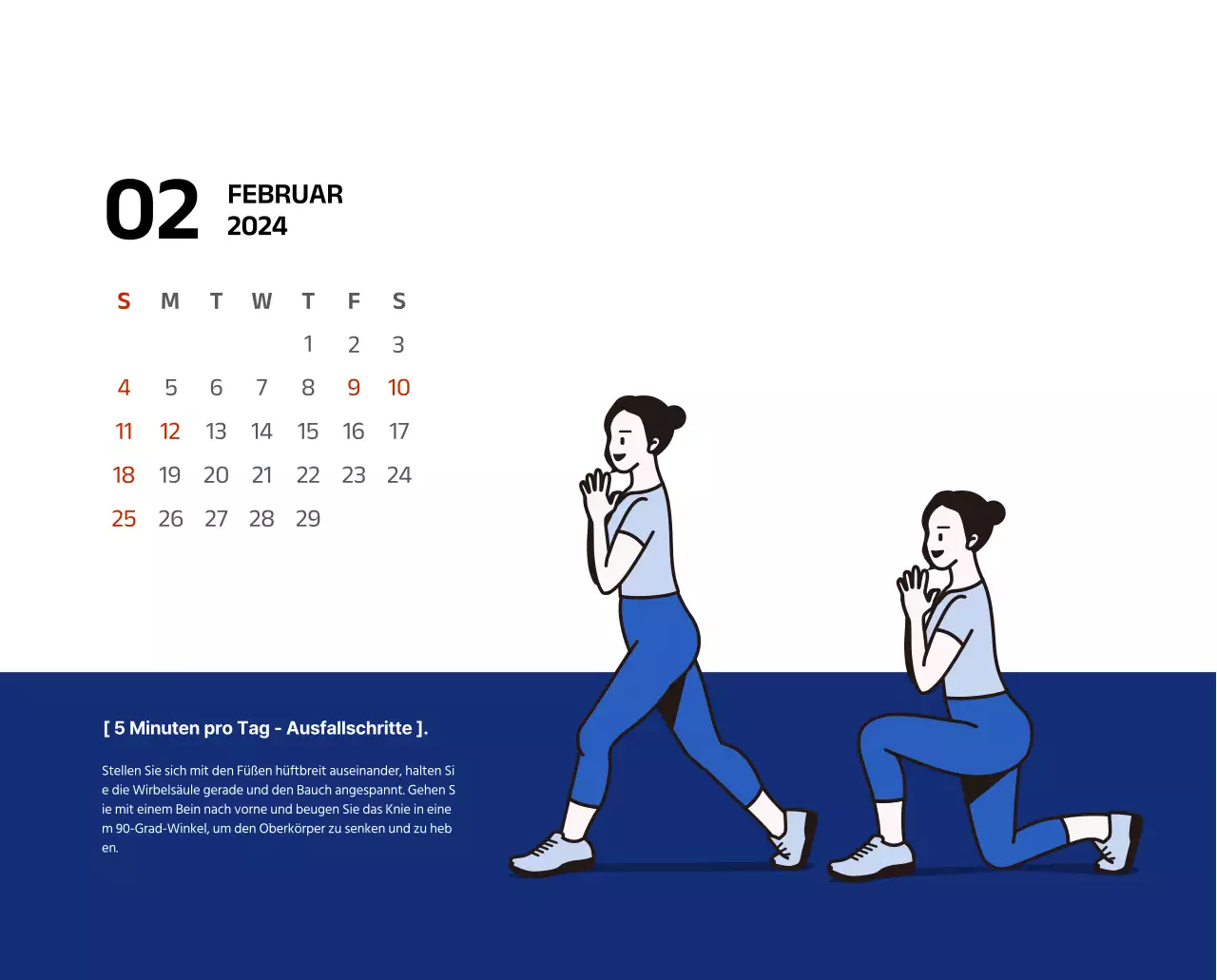 Einfacher Kalender mit klaren Illustrationen in Blau