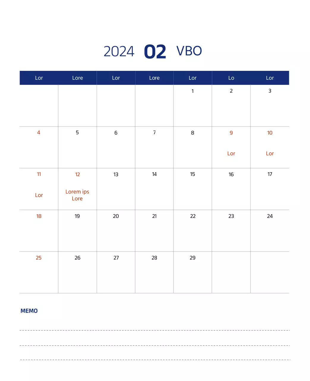 Eenvoudige kalender met strakke illustraties in blauw