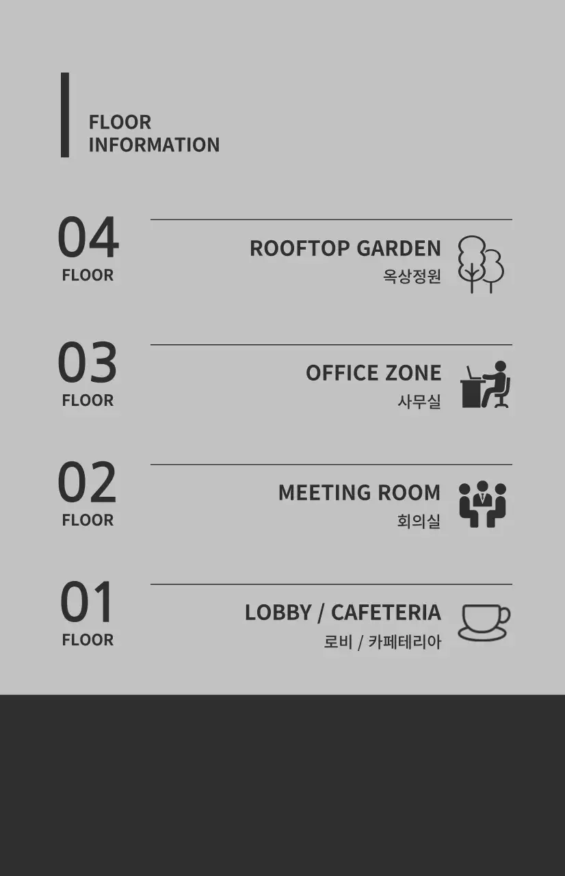 그레이와 다크그레이 색상의 조합으로 아이콘과 층별 안내가 기재된 윈도우 플래그