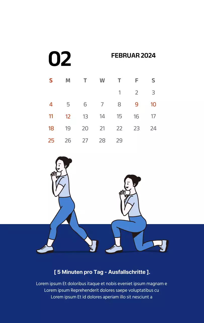 Einfacher Kalender mit klaren Illustrationen in Blau