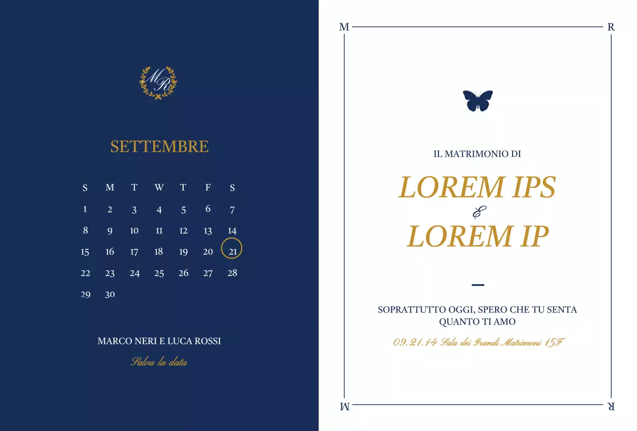 Invito di nozze dal design elegante con illustrazioni di farfalle in bianco e blu navy