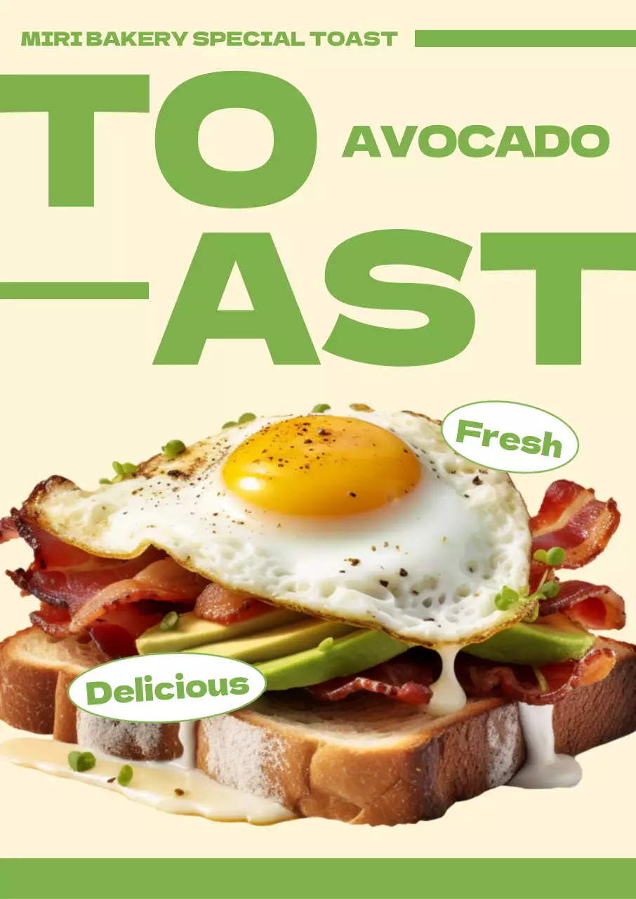 Avocado Toast Brunch A cafe bakery menu with photorealistic images and bold text layout and color accents.