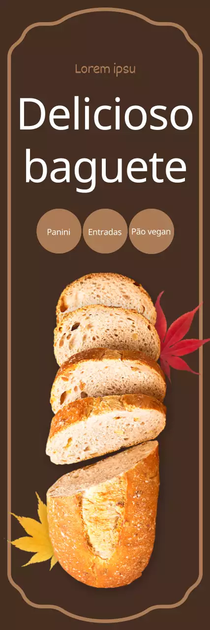 Promoção de uma padaria com folhas caídas e baguetes sobre um fundo castanho