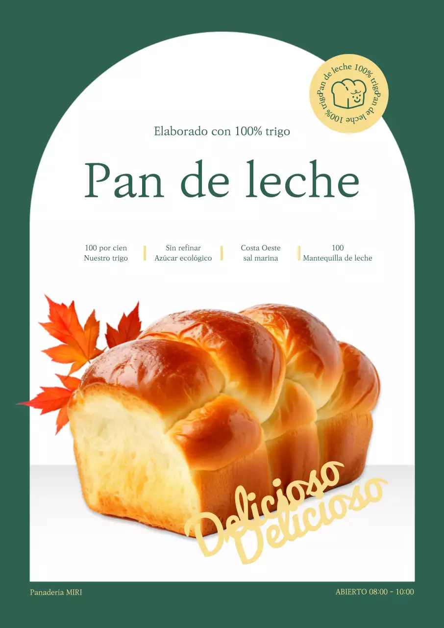 Promocionar una panadería con pan y hojas caídas sobre fondo verde y blanco