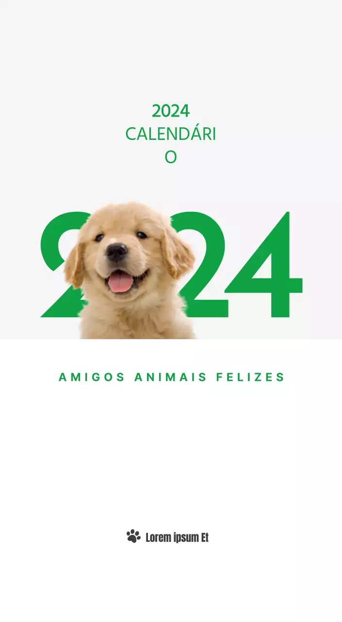 Um calendário com a imagem de um cachorrinho e uma mensagem bonita em tons de verde