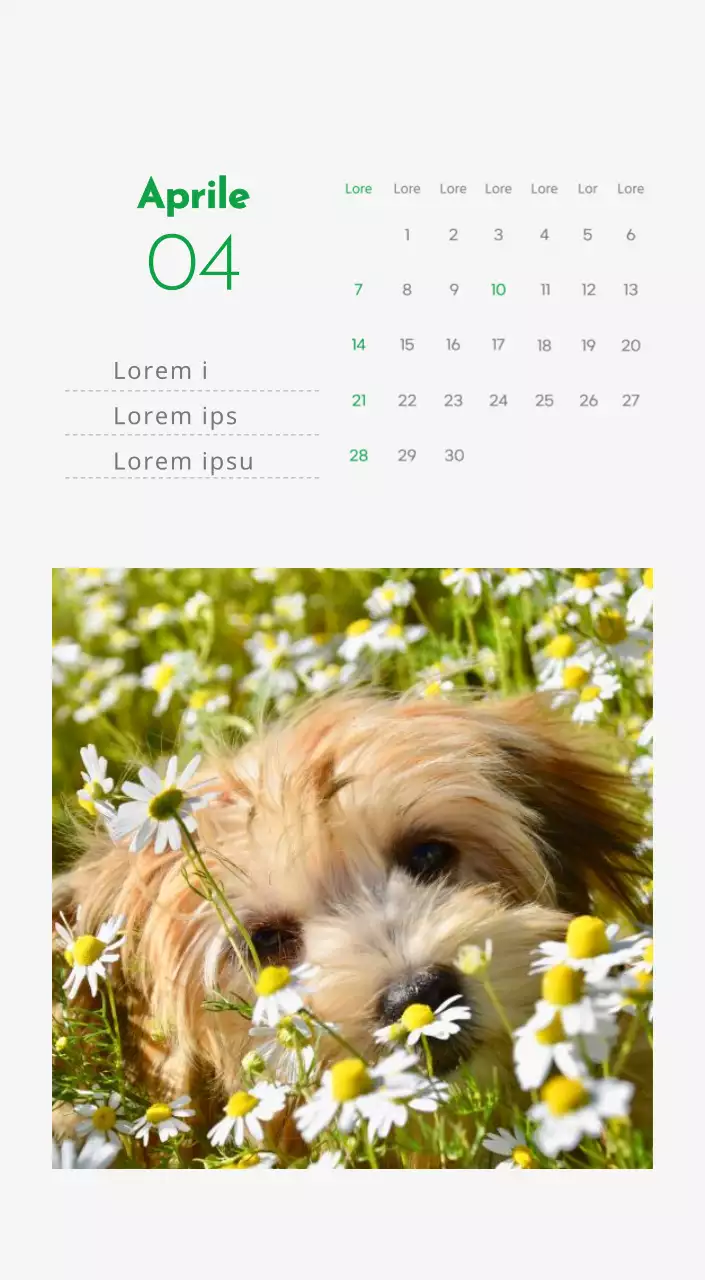 Un calendario con l'immagine di un cucciolo e un simpatico messaggio in verde.