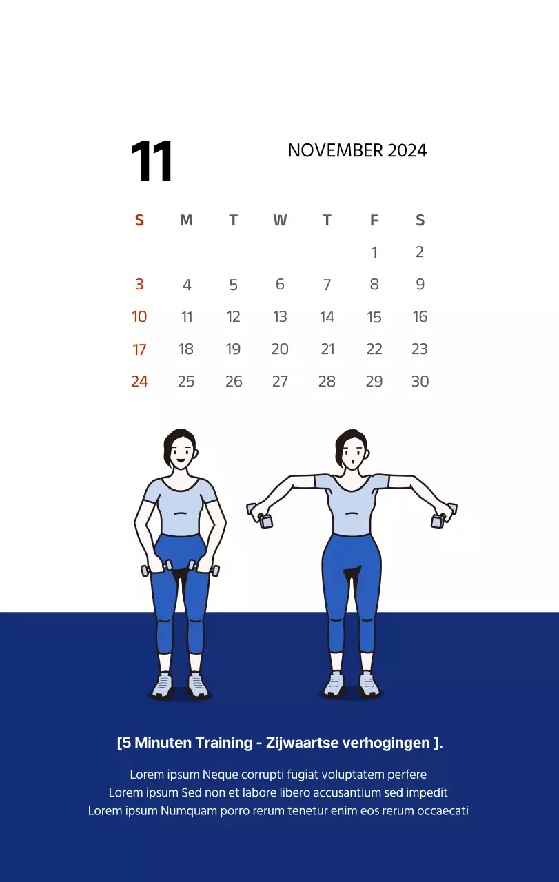Eenvoudige kalender met strakke illustraties in blauw
