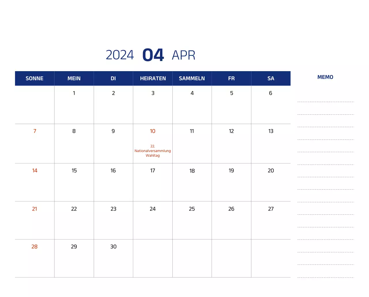 Einfacher Kalender mit klaren Illustrationen in Blau