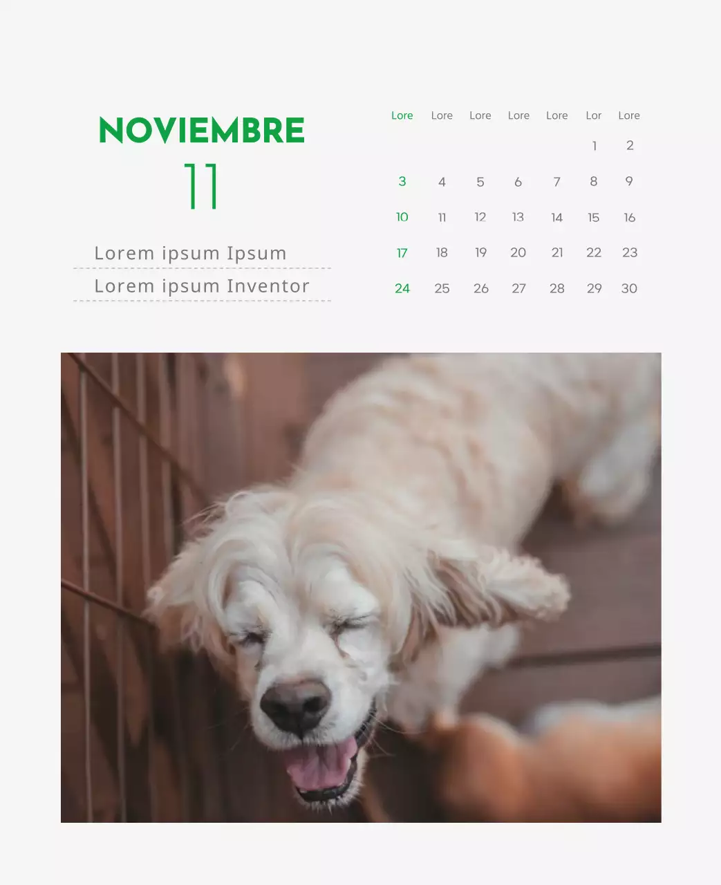 Un calendario con la imagen de un cachorro y un bonito mensaje en tonos verdes.