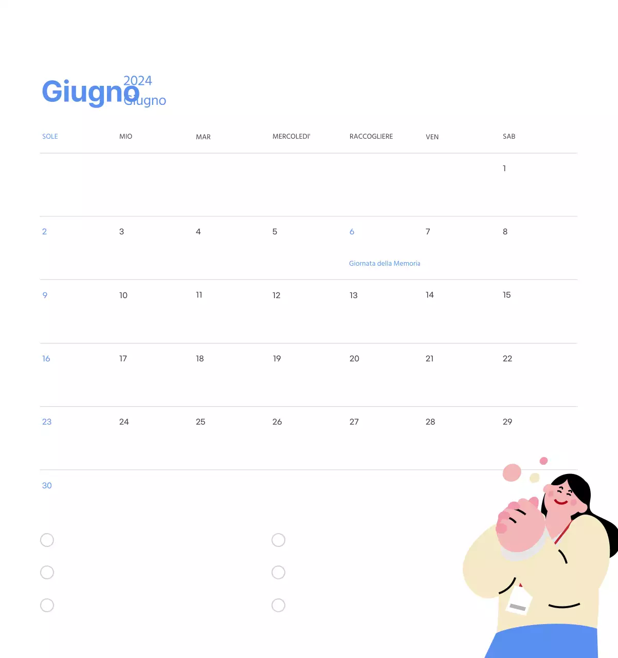 Calendario motivazionale con illustrazioni energetiche e citazioni positive su sfondo azzurro