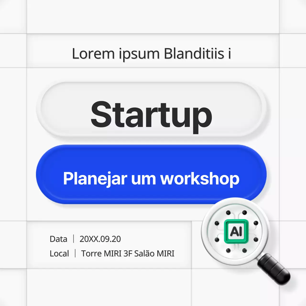 Anúncio de seminário num estilo 3D minimalista em azul e cinzento