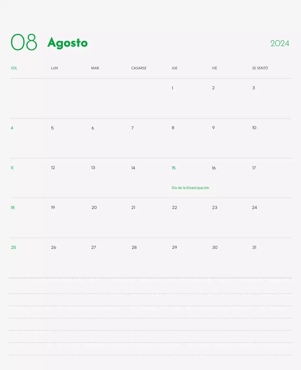 Un calendario con la imagen de un cachorro y un bonito mensaje en tonos verdes.