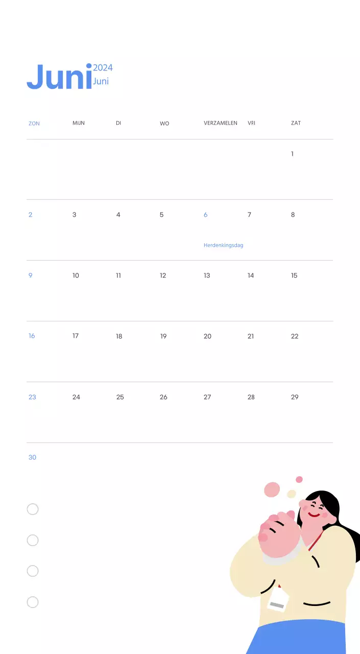 Motiverende kalender met energieke illustraties en positieve citaten op een lichtblauwe achtergrond