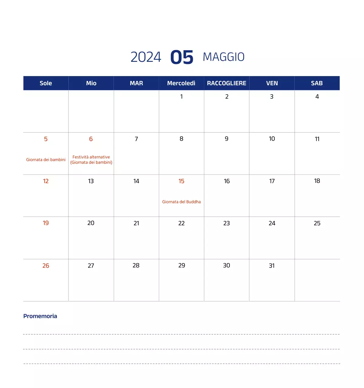 Calendario semplice con illustrazioni pulite in blu