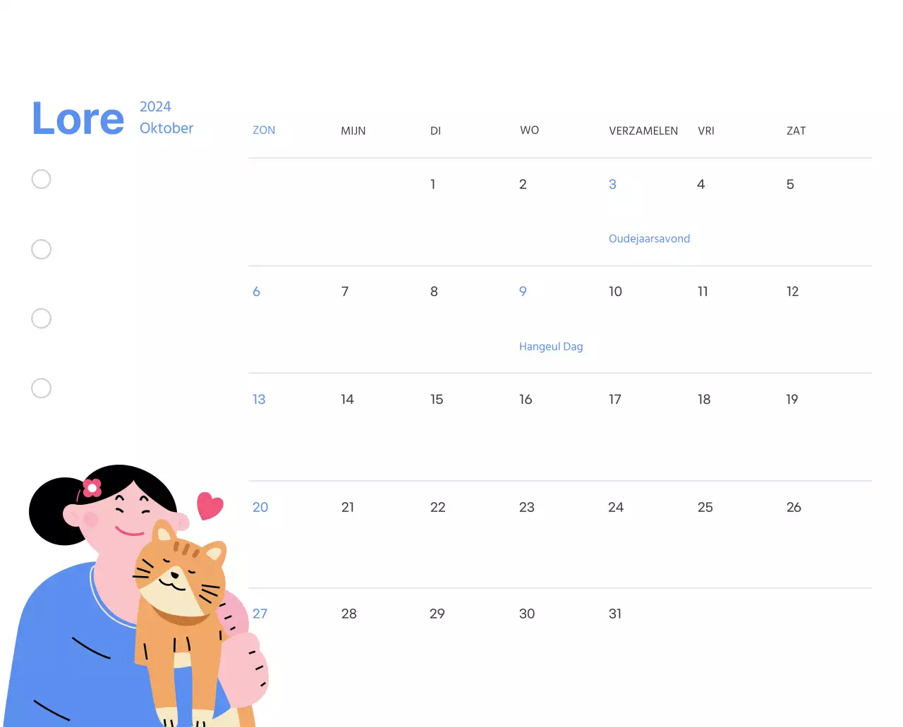 Motiverende kalender met energieke illustraties en positieve citaten op een lichtblauwe achtergrond