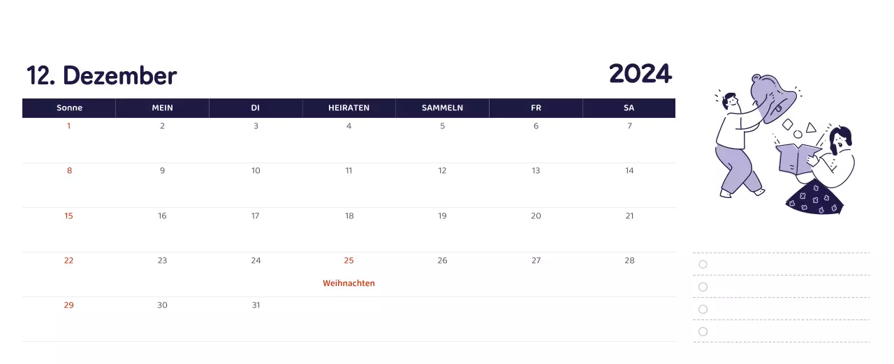 Ein Kalender mit farbenfrohen, emotionalen Illustrationen