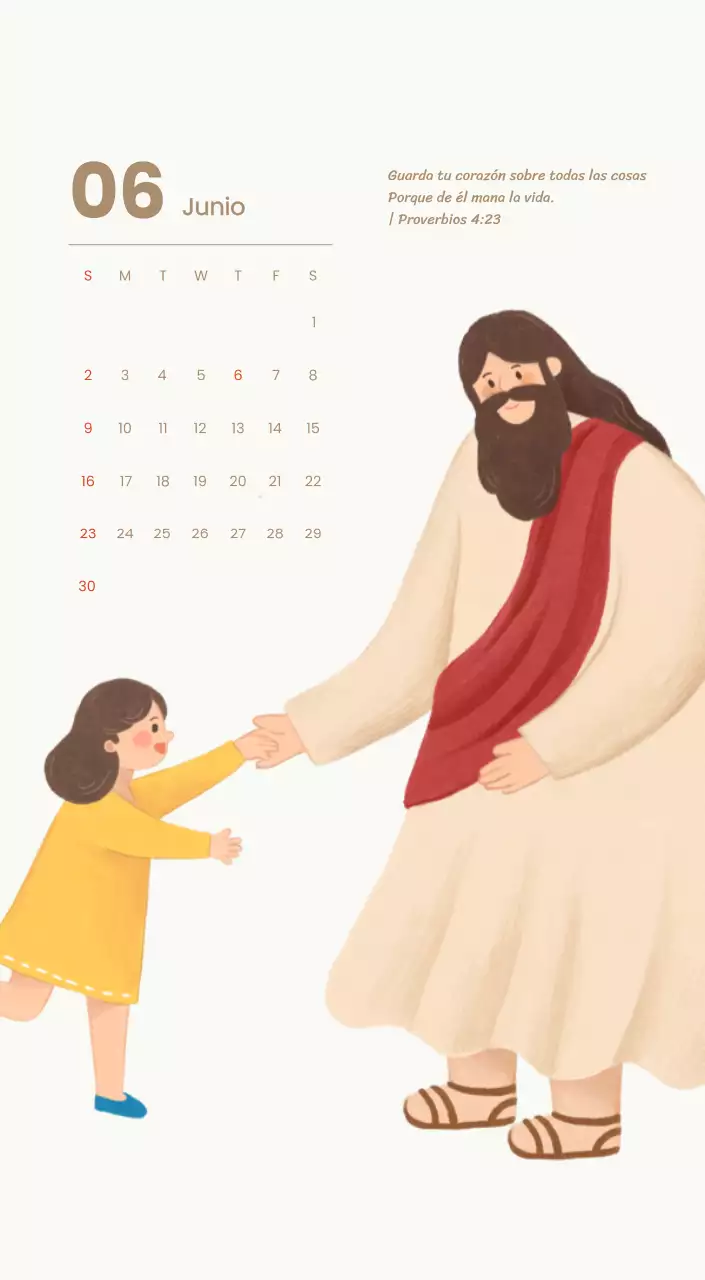 Un calendario devocional con acogedoras ilustraciones y versículos bíblicos sobre fondo azul claro