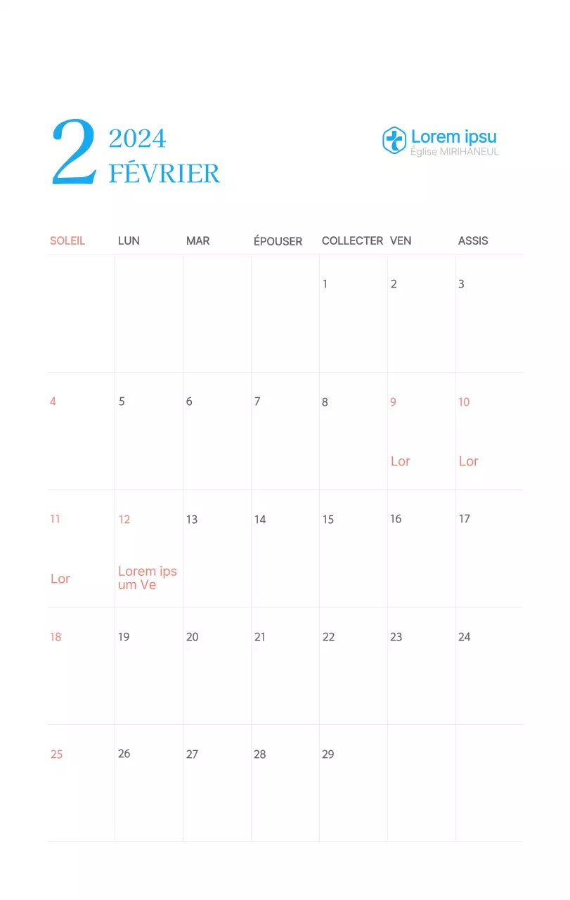 Calendrier d'église moderne bleu