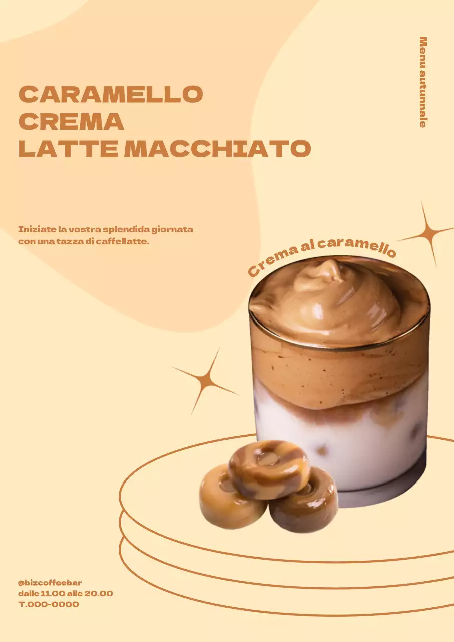 Poster di crema di latte al caramello con forme riempite su sfondo avorio