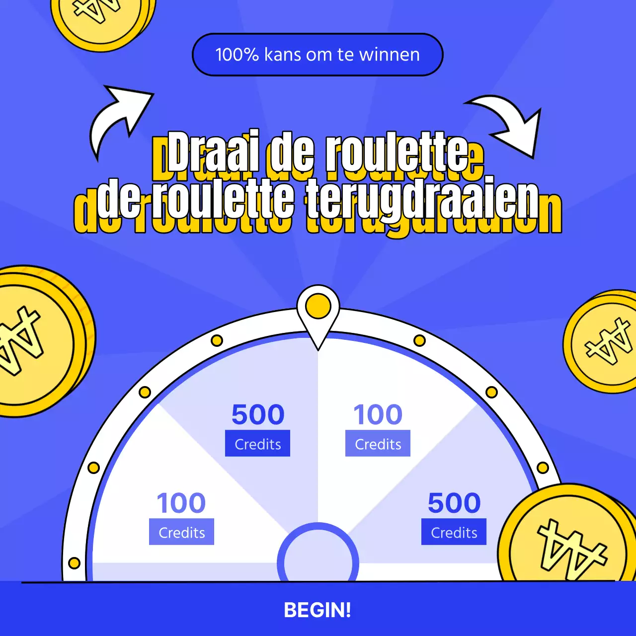 Reclame voor een lucky roulette evenement met knallen van geel en blauw