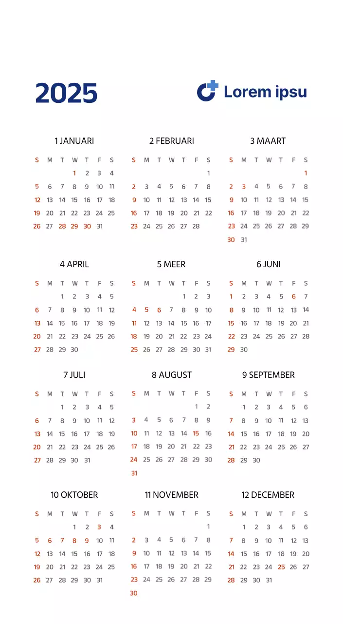 Eenvoudige kalender met strakke illustraties in blauw