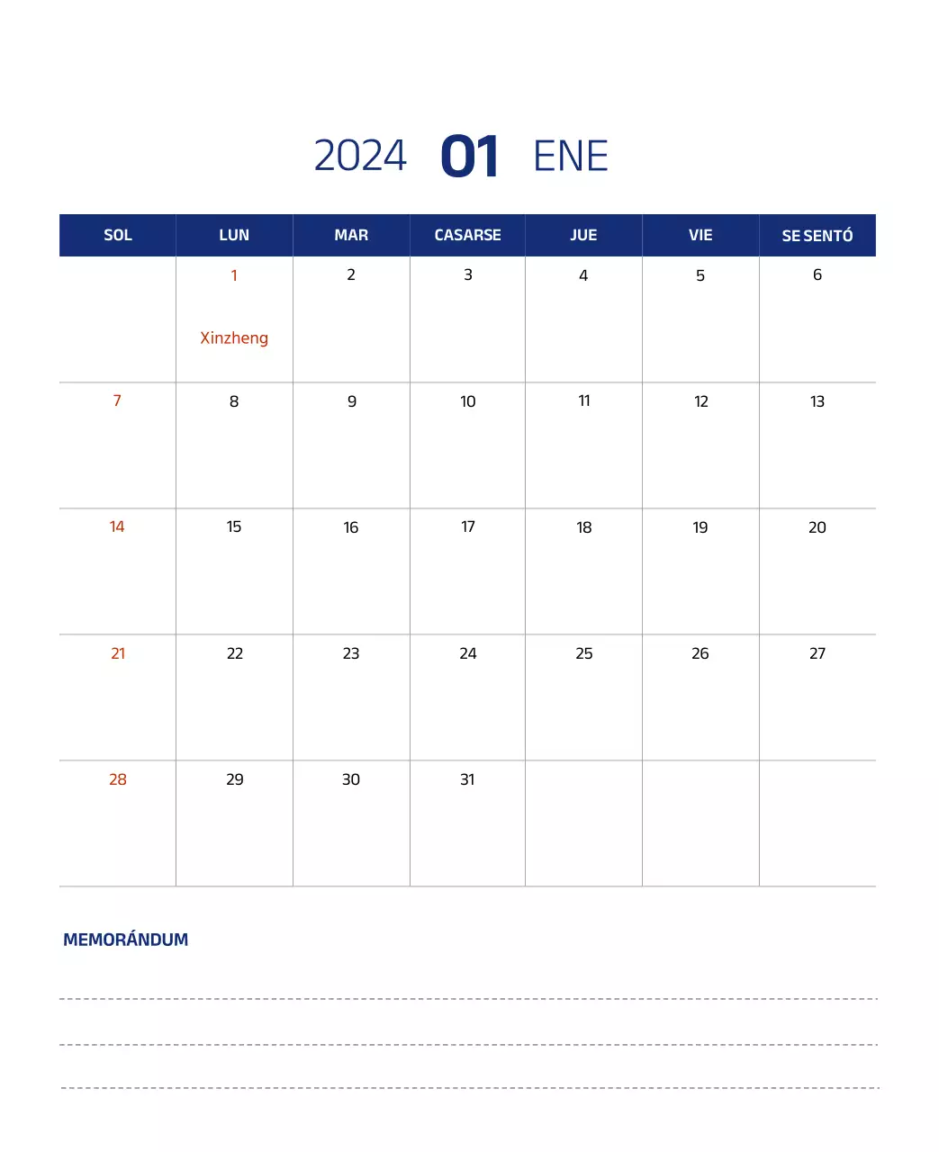 Calendario sencillo con ilustraciones limpias en azul