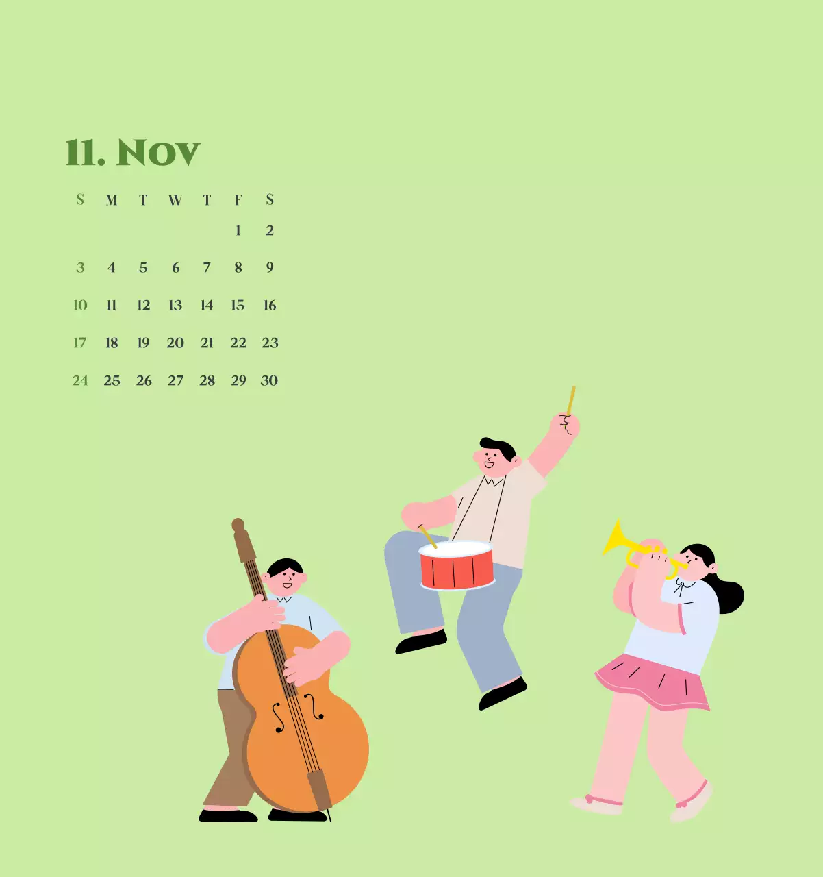 Kalender mit Jugendillustrationen auf gelbem und grünem Hintergrund