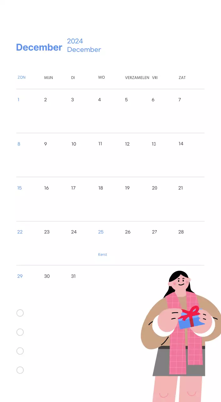 Motiverende kalender met energieke illustraties en positieve citaten op een lichtblauwe achtergrond