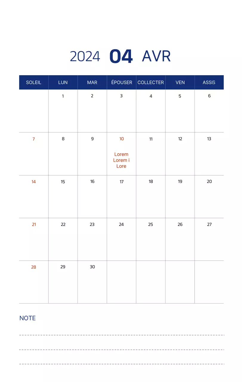 Calendrier simple avec des illustrations épurées en bleu