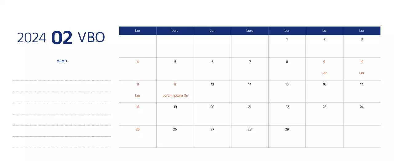 Eenvoudige kalender met strakke illustraties in blauw