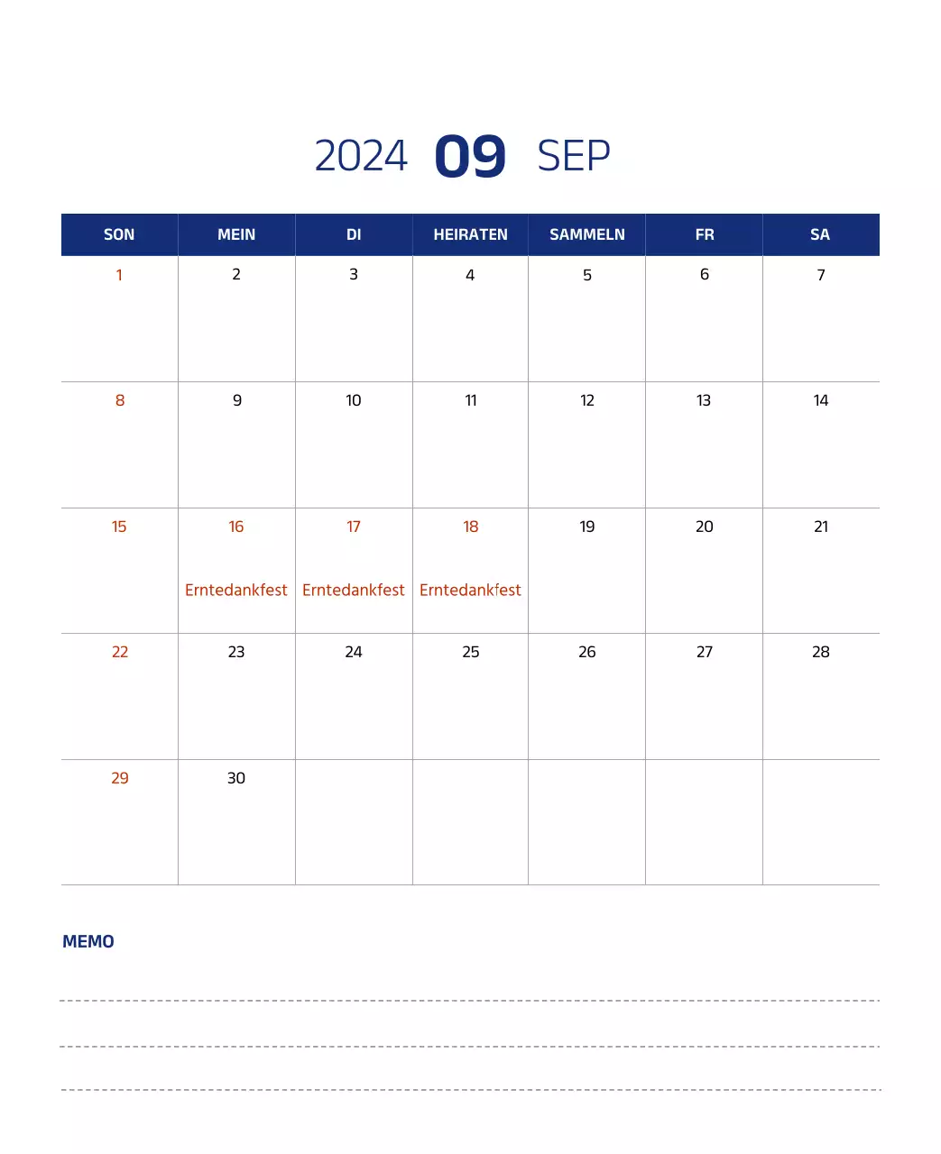 Einfacher Kalender mit klaren Illustrationen in Blau