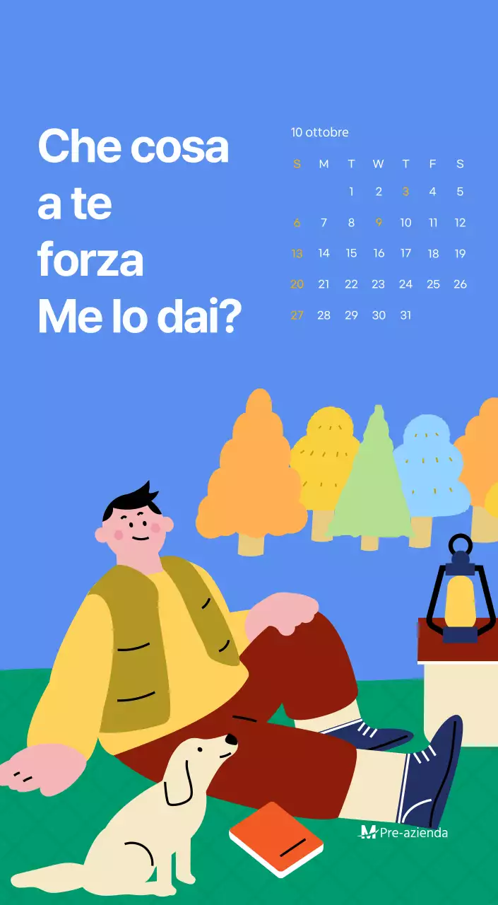 Calendario motivazionale con illustrazioni energetiche e citazioni positive su sfondo azzurro
